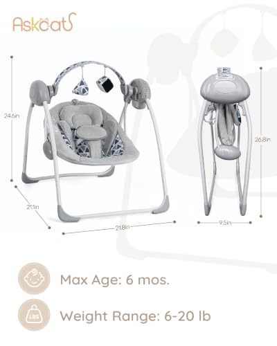 Image of AskCat Portable Baby Swing,Baby Swings for Infants, Baby Swing Seat Folds Easy with Adaptable Speed, Music,Timer,Baby Swing for Newborn,Infant Swing for Babies 0-6 Months 6-20 lbs Grey