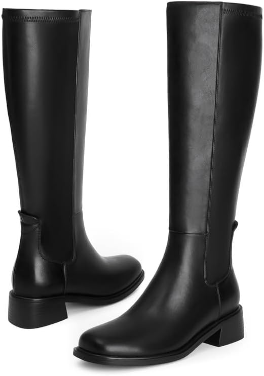 Knee High Boots Women Faux Leather Elastic Boots Low Heel Square Toe Side Zipper Fall Long Tall Boots for Women - Image 5