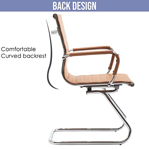 Image of HNY Leather Office Guest Chairs & Reception Chairs Set of 6, Modern Waiting Room Chairs with Arms, Desk Chair no Wheels with Sled Base for Waiting Room /Conference Room, Cognac