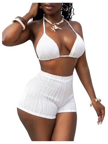 Women's 2 Piece Textured High Waisted Bikini Sets Halter Triangle Bathing Suit with Boyshorts