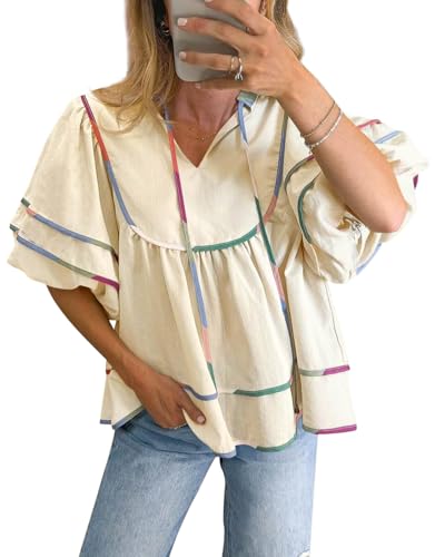 Cicy Bell Womens Summer Babydoll Tops V Neck Short Lantern
