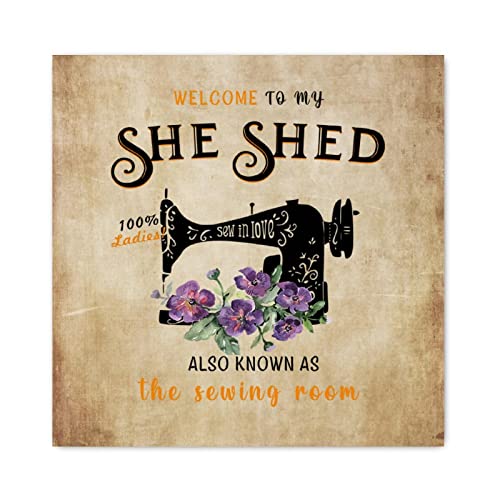 Panneau en bois decoration murale retro et plaque atelier couture fleur violette 40cm