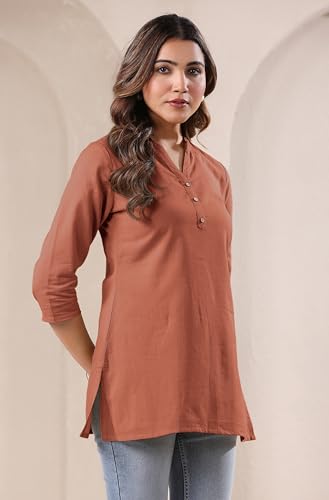 Image of Janasya Women's Light Blue Linen Cotton Solid A-line Top