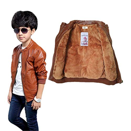 Boys Trendy Stand Collar PU Leather Moto Jacket - Winter Warm Lined Coat with Zipper Closure for Kids (Age 3-12)2