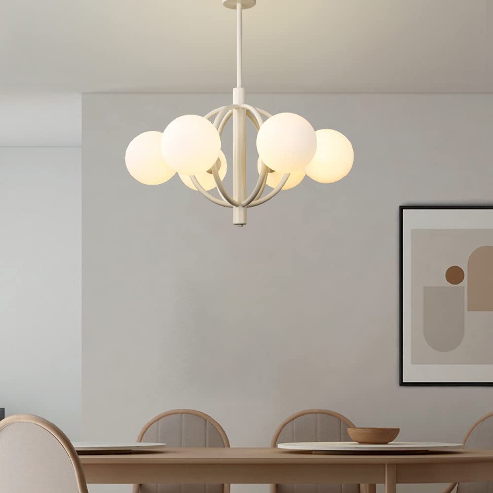 Jasnobeżowa żelazna lampa sufitowa z 6 lampami, nowoczesna i opływowa lampa wisząca do salonu lub sypialni, ze szklanym kloszem, 3 przedłużkami w zestawie (10 + 20 + 20 cm), trzonek G9