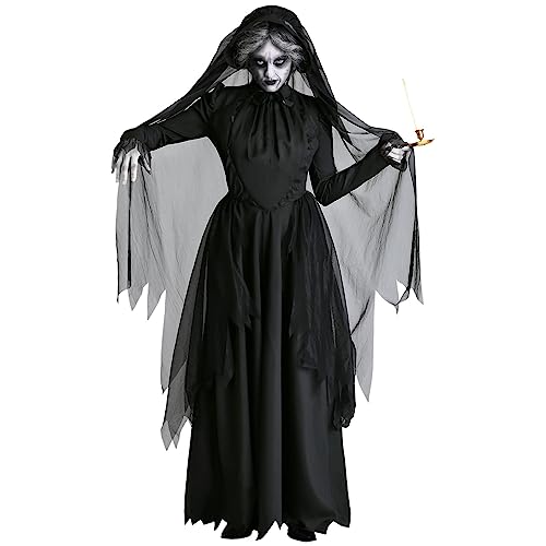 2026 Mujeres Divertido Disfraz de Novia Halloween Novia Cosplay Disfraces Negros Vestido Espeluznante Disfraz de Halloween para Mujeres (Negro, XXL)