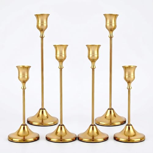 6 Pcs Gold Brass Taper Candle Holders Set Vintage Metal Candlestick Holder for Table Centrepiece & Mantel Décor Rustic Candle Sticks for Standard Taper Candles (Up to 0.8 Diameter)