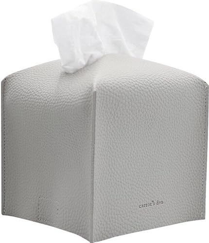 Tissue Box Cover Holder, Square with Bottom Belt by Carrot's Den - PU Leather Decorative Organizer for Tabletop, Bathroom, Car, Office | Pastel Gray
