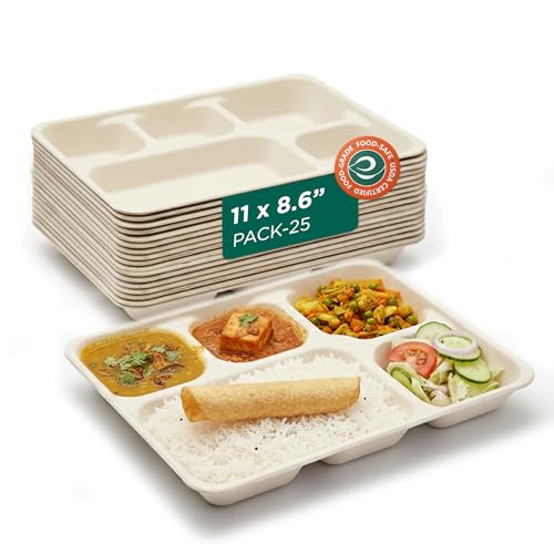 Image of Eco Soul | 5 Compartment Bagasse Meal Tray | 11 Inch - Pack of 25 | Disposable Plates Big Size | Eco-Friendly, Sturdy & Heat-Safe | Ideal for Cafeterias & Meal Services | Plastic-Free