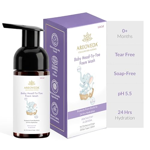Image of AreoVeda Baby Head-To-Toe Foam Wash With Self-Foaming Pump (100ml) I Tear-Free Baby Wash I 24 Hrs Hydration I pH 5.5 With PENTAVITIN & Aloe Vera I Safe from Day 1 I Lab Tested, Ecocert Certified, EWG Verified