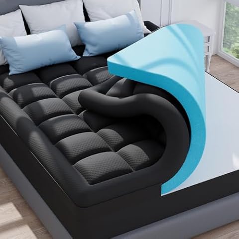 ELEMUSE Dual Layer 3 Inch Memory Foam Mattress Topper King, 2 Inch Cooling Gel Memory Foam Plus 1 Inch Down Alternative Pillowtop Mattress Pad with Cooling Cover, Soft Comfort Support, Black Cover