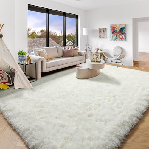 Amdrebio Ivory Rugs for Living Room Bedroom, 6x9 Soft Fluffy Area Rug for Kids Nursery, Furry Fuzzy Plush Shaggy Cream White Carpet for Classroom Playroom Home Decor, Cute Modern Thick Neutral Rug