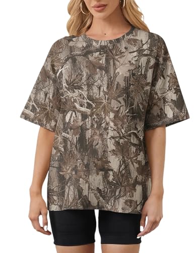 Image of MSBESYOR Camo Shirt for Women Maple Leaf Print Short Sleeve Crewneck T-Shirts Summer Oversized Tee Shirts Streetwear