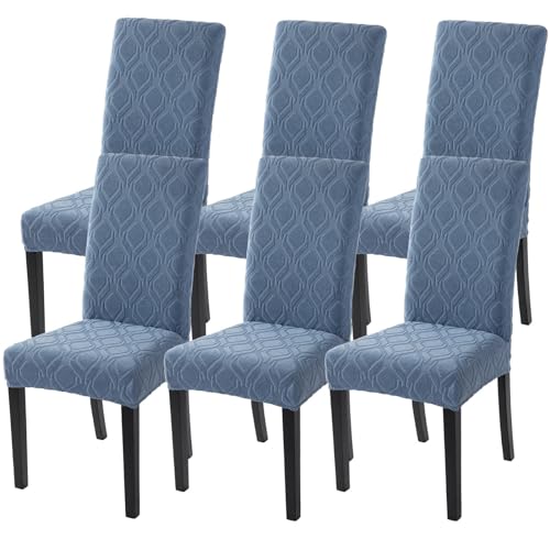 Image of SearchI Dining Room Chair Covers Set of 6, Stretch Jacquard Parsons Chair Slipcovers Spandex Removable Washable Kitchen Chair Protector Cover for Dining Room, Hotel, Ceremony (Gray-Blue Geometric)