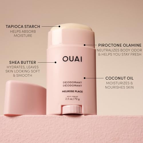 OUAI Melrose Place Travel Essentials - Aluminum Free Deodorant (2.5 oz) + Body Cleanser Travel (3 oz) + Body Cream Travel (3.4 oz) - Hydration, Freshness & Rosy Scented Self-Care Set