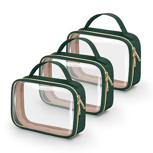 Image of Wedama TSA Approved Toiletry Bag, 3 Pack Clear Makeup Bags with Handles, Quart Size Clear Toiletry Bags, PVC Cosmetic Bags for Women and Men, Carry on Airport Airlin (Dark Green, 3 Pack, Medium)