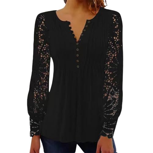 BISKAMY Tops for Women UK Elegant Ladies Tops Lace Patchwork Shirts Long Sleeve V Neck Blouse Plus Size Casual Loose T-Shirt, Black Medium