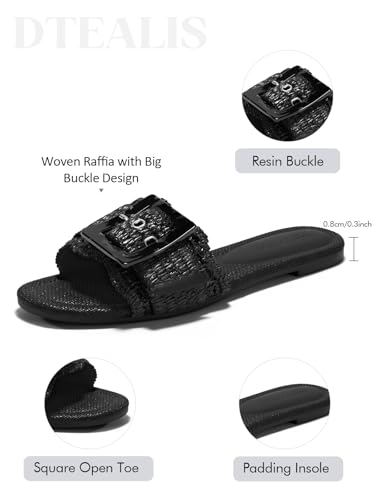 Image of Coutgo Womens Flat Sandals Raffia Slip On Slide Sandal Square Open Toe Buckle Summer Beach Shoes Flats
