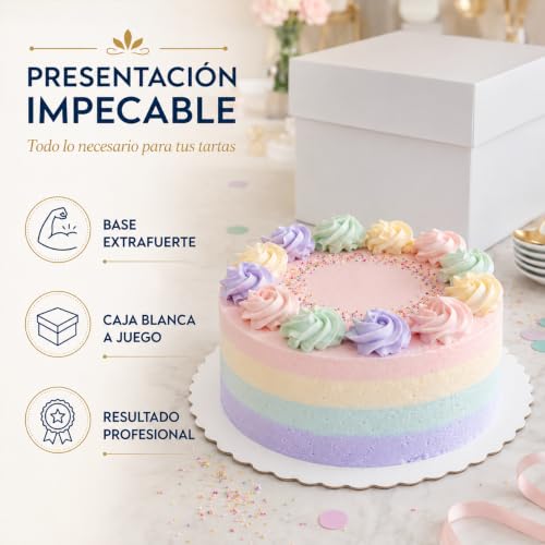 Miniatura 3 de Decoraciondulce - Pack De 5 Bases Extrafuertes De 25cm X 3mm De Color Blanco Y 5 Cajas Para Transportar Tartas De 25.4 X 25.4 X 15cm De Altura