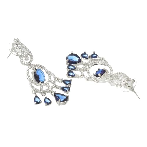 Image of ZENEME Rhodium-Plated American Diamond Studded Oval & Leaf Shaped Drop Earrings For Girls and Women