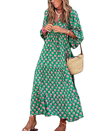 ticticlily Vestido Mujer Largo Verano Vestidos de Casual Fiesta Playa Vestido Manga Larga Estampado Boho Vestido Maxi Midi Suelto para Mujer Talla Grande Verde XXL