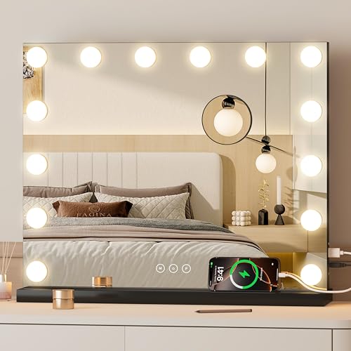 Image of Vanity Mirror with Lights Lighted Makeup Mirror with Dimmable LED Bulbs,3 Color Lighting Modes,USB Charging Port Touch Control,Sturdy Metal Frame Design,Black (50x40cm, 4.70)