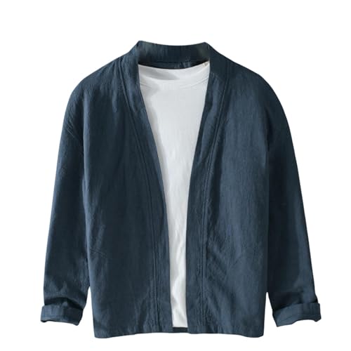 Chemise ramie homme col montant style chinois à coutures contrastées et manches longues