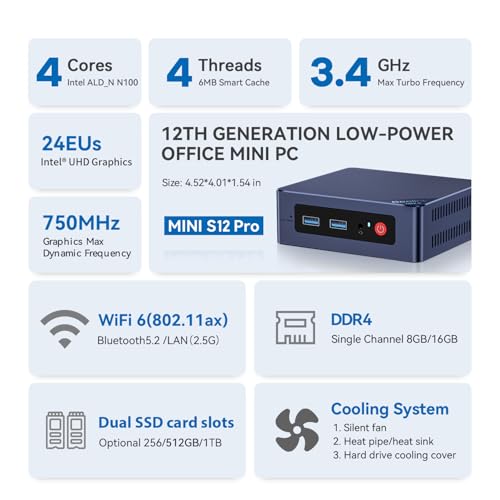 Image of Beelink MINI S12 Pro Mini PC, with Processor Intel N100, 16G DDR4 RAM + 500G SSD, Dual HDMI 4K UHD Ports, WiFi6 + BT5.2 + 2.5G LAN Micro Computer Support Auto Power On Win11 Home