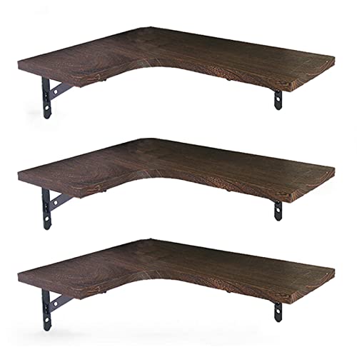 Estantes de esquina flotantes de madera maciza rústica con soporte de metal negro, juego de 3 estantes colgantes de pared marrones para decoración del hogar y regalos.