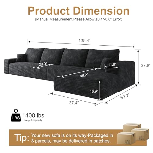 Image of 96 inch Sectional Couches for Living Room Cloud Couch Sofa with L-Shape Upholstered Boneless Couchs Modern Modular Sectional Couch with Chaise