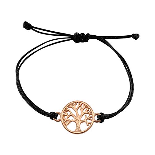 Nuoli Tree of Life-armband, roséguld, svart textilband, damarmband justerbart i storlek, handgjort i Tyskland, nickelfritt, Roséguld