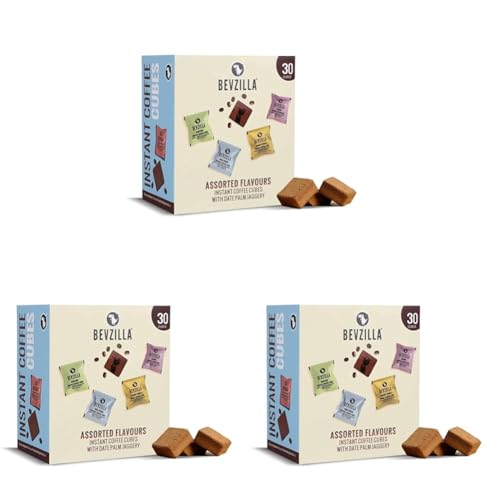 Image of Bevzilla 30 Assorted Instant Coffee Cubes Pack with Date Palm Jaggery, 4 Flavours, Arabica Coffee, Zero Refined Sugar, Real Ingredients, No Preservatives, Drop Stir and Enjoy | Enjoy Hot & Cold