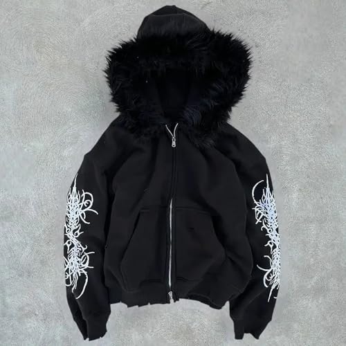 RICHTRUE Grunge Fur Hood Zip Up Hoodie Women Men Y2k Goth Graphic Hoodie Emo Jacket Fall Winter Streetwear Sweatshirt 2000s2