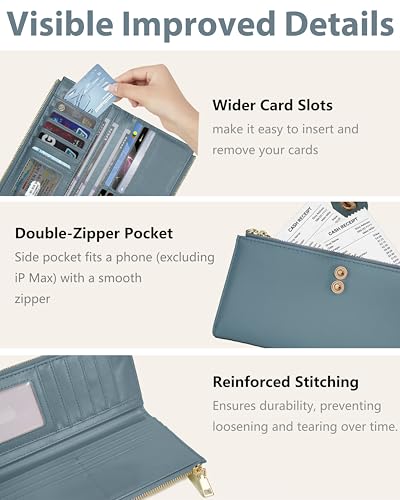 Image of Blue Women's Slim Wallet,Thin RFID Card Holder with Zipper Pocket | 12 Slot Wallet Organizer, Large Capacity, Vegan Leather, Coin Purse, Cash Compartment, Travel Wallet, Women Gift