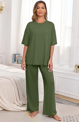 Image of PrinStory Womens Pajamas Sets 2 Piece Lounge Set Short Sleeve Tops and Long Pants Soft Pjs Loungewear with Pockets