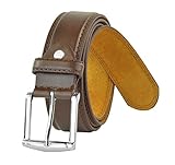 Moda Di Raza - Men's Classic Leather Belt - 1.5 Inch Width - Square Silver Polished Belt Buckle - Formal or Casual Dress Belt - PU Bonded Leather - Brown 43-47 inches