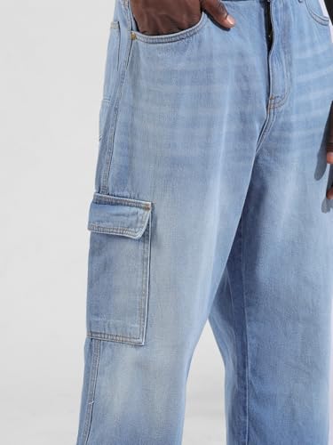 Image of The Indian Garage Co Men Baggy Solid Mid-Rise Cargo Jeans