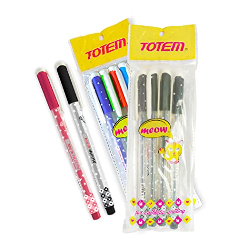 Image of TOTEM Meow Ball Pen | 100 Pens (40 Blue Ink & 60 Black Ink) | Theme of Colourful Cats | Assorted Body Colours | 0.7 mm Tip | Smooth Writing | Perfect for Kids | Pen for Students