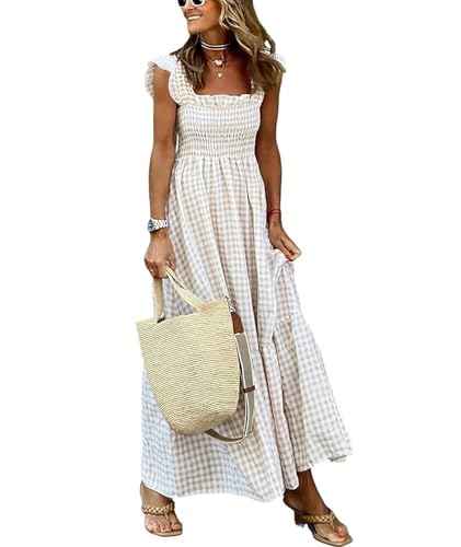 SOMTHRON Women's Square Neck Plaid Smocked Dress Ruffle Sleeveless Tiered Flowy A-Line Checkered Maxi Long Dress