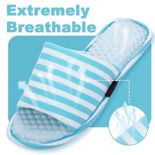 Image of Women's House Slippers Open Toe, Soft Knit Striped Bedroom Slippers with Cushioned Footbed, Non-Slip Sole for Indoor Home Use
