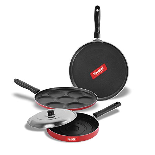 Image of Sumeet Aluminium 2.6 mm Thick Non-Stick Rory Combo Set (Red, Dosa Tawa 26.5 cm Dia , Multi Snack Maker 26.5cm Dia, Pizza Pan 23 cm Dia)
