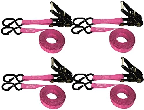 4 Pack POWERSPORT Ratchet S-Hook W/Keeper Straps (12 FT, Pink)