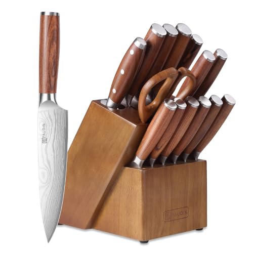 Image of PAUDIN 16-Piece Kitchen Knife Set with Block, Built-in Sharpener, Ultra Sharp 5Cr15Mov Stainless Steel Chef Knives, Natural Wood Handles, Steak Knives, Scissors & Honing Rod, Complete Cutlery Set