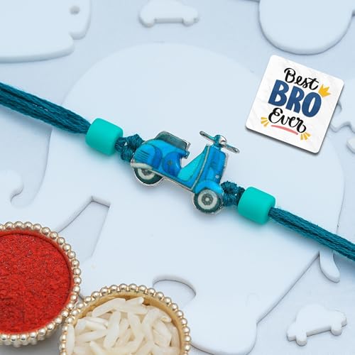 Image of eCraftIndia Scooty Design Rakhi for Kids Girls Boys with Best Bro Ever Fridge Magnet | Raksha Bandhan Kids Rakhi for Brother Bhaiya Bhai | Roli Chawal Pack