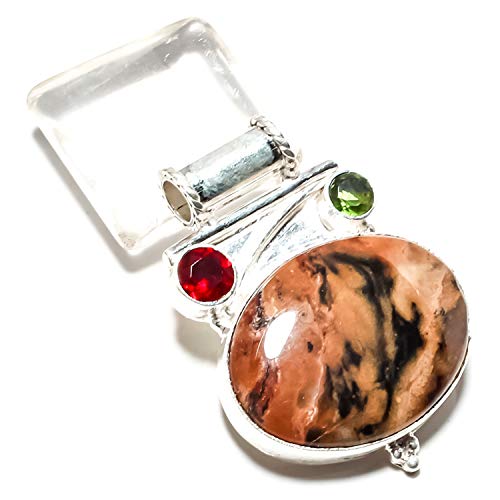 Pendentif agate marron grenat rouge et péridot vert, bijou fait main argent 925 unique