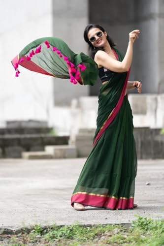 Image of Sudip callection Handloom Mul Cotton Saree for Women - Bottle Green with Pink Border Golden Zari Line & Tassel Pallu
