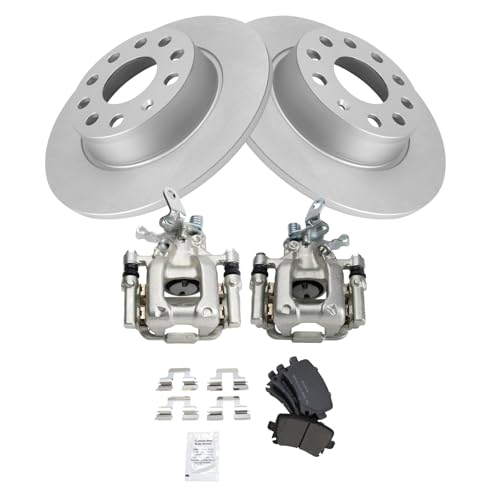 Image of TRQ Rear Brake Pad and Rotor Set Semi Metallic Coated Rotors Calipers Compatible with 2010 Audi A3 A3 Quattro Volkswagen Jetta