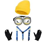 HOLSJ Women Men Halloween Costumes Accessories Includes Goggles Yellow Beanie Knit hats Black Gloves Suspender Mini Yellow Man Costume for Adults