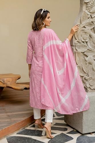 Image of MIRCHI FASHION Women's Straight Fit Pure Cotton Embellished Floral Printed Kurta Set with Dupatta and Trouser