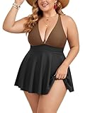 B2prity Women's One Piece Swimdress Plus Size Swimsuit Slimming Tummy Control Swim Dress Apron Belly Bathing Suit with Skirt Brown, Black